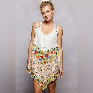 POL Round Neck Ribbed Tank with Woven Print Patch